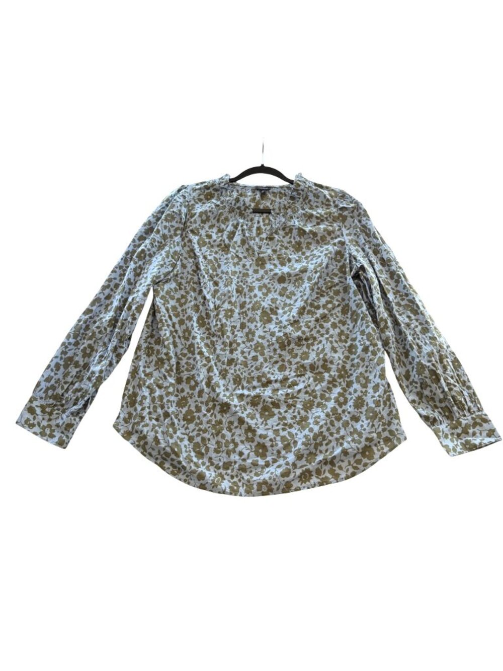 Talbots Ditsy Floral Smocked Top L Womens Blouse Blue Green LS Cotton VNeck Boho